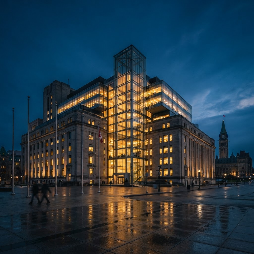 Bank of Canada headquarters in Ottawa at dusk with golden interior lights