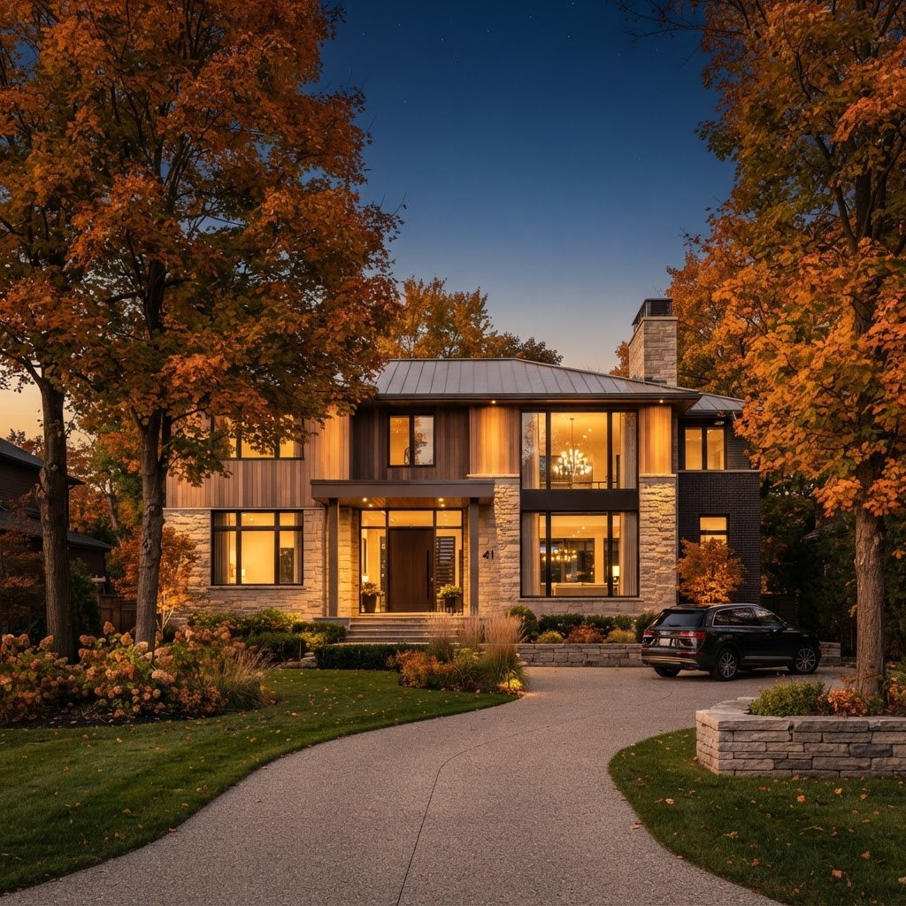 Modern Ontario home at dusk framed by early-autumn maple trees