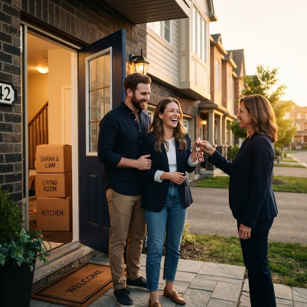 Young couple receiving the keys to their first new-build home in Ontario at golden hour