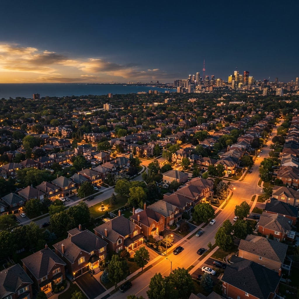 Aerial view of a Greater Toronto Area residential neighbourhood at golden hour with the Toronto skyline on the horizon