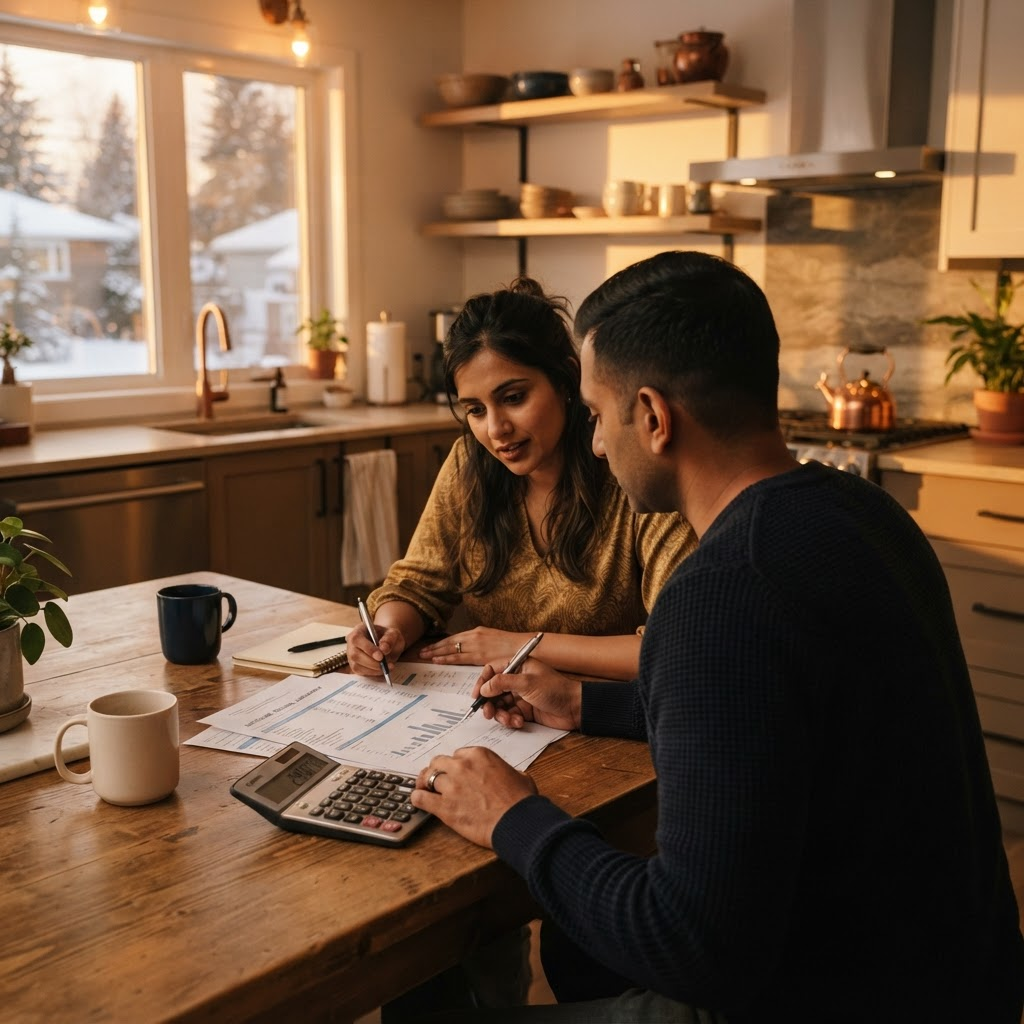 Couple reviewing mortgage renewal documents at their kitchen table in warm evening light