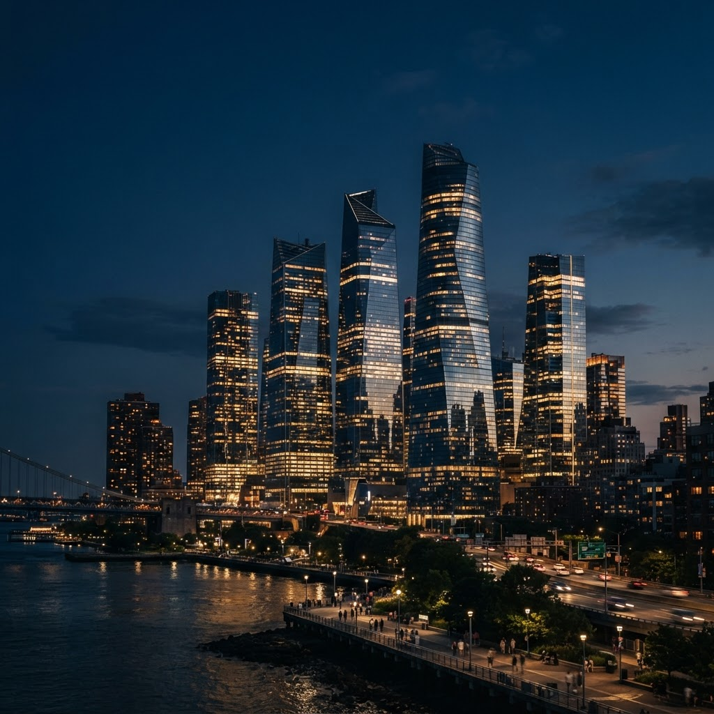 Commercial buildings at dusk