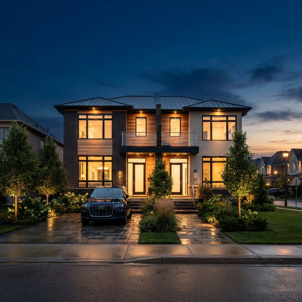 A modern duplex investment property at dusk