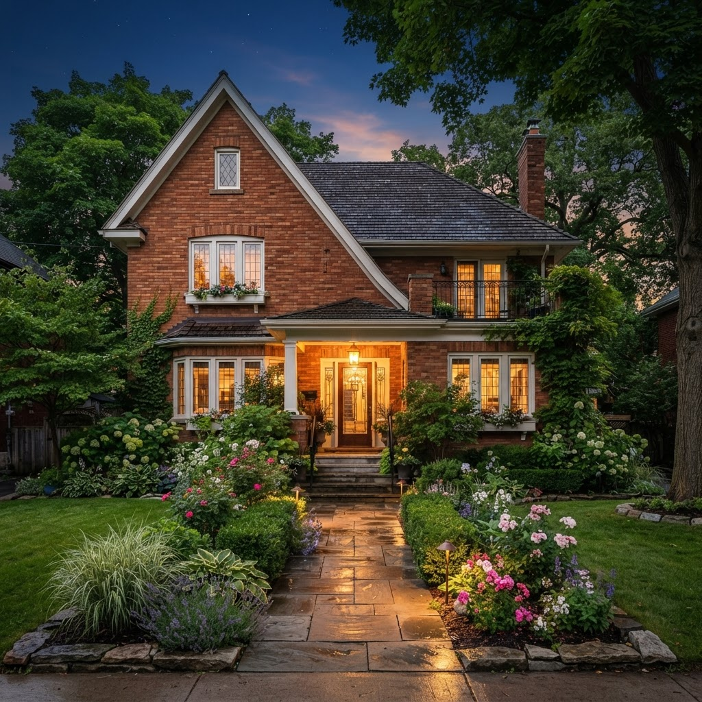 A classic brick Ontario home with a garden at dusk