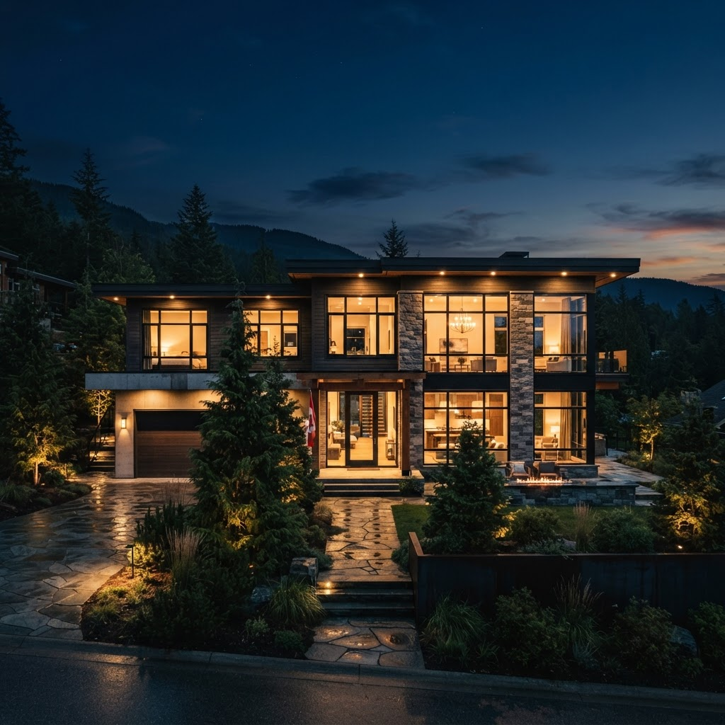 A modern home at dusk